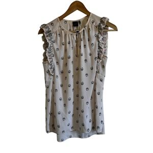 Kaari‎ Blue Floral Ruffle Sleeve Blouse Sleeveless Top Casual Cute M